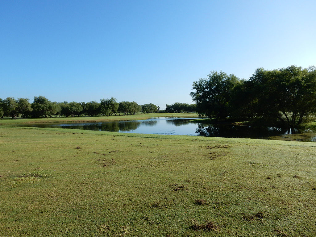 Golf course with pond and trees